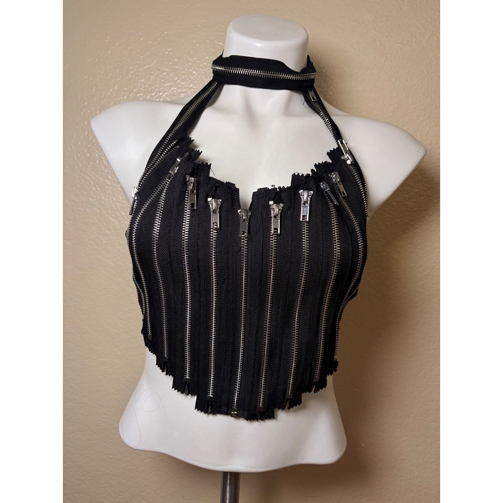 Y2K Current Mood Dolls Kill Black Zipper Halter Top Choker Punk Goth L/XL #7
